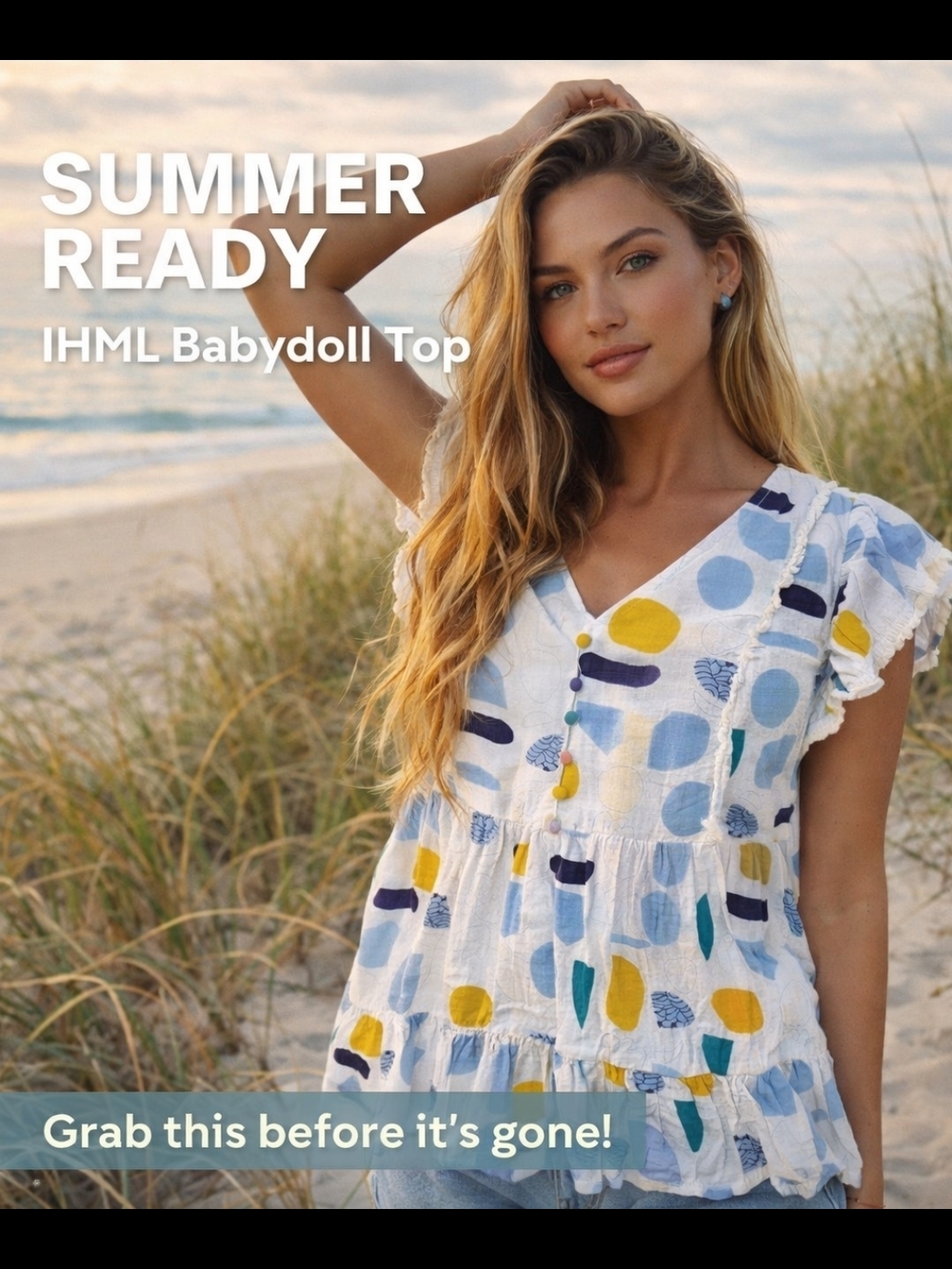 THML Abstract Print Babydoll Top XS Ruffle Sleeve Peplum Boho Summer Blouse